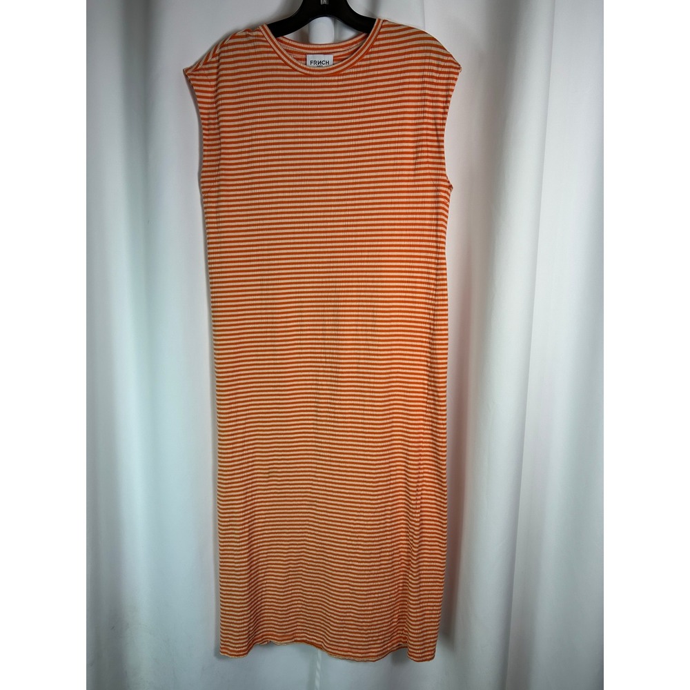 FRNCH Paris Orange Striped Sleeveless Ribbed Knit Midi Dress Colorful Casual XS